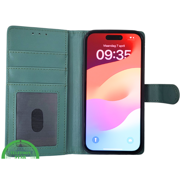 iPhone 15 Plus Bookcase Hoesje Groen &ndash; Leren Case met Pasjeshouder – foto 7