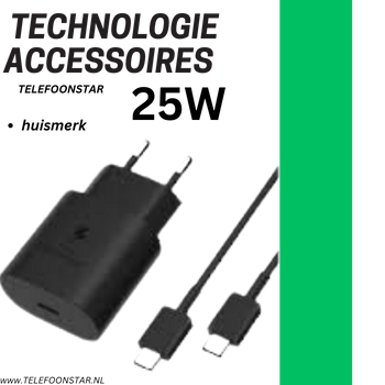 OpladerStar Fast Charger Travel Adapter 25W Inclusief USB C Kabel (100cm) Zwart