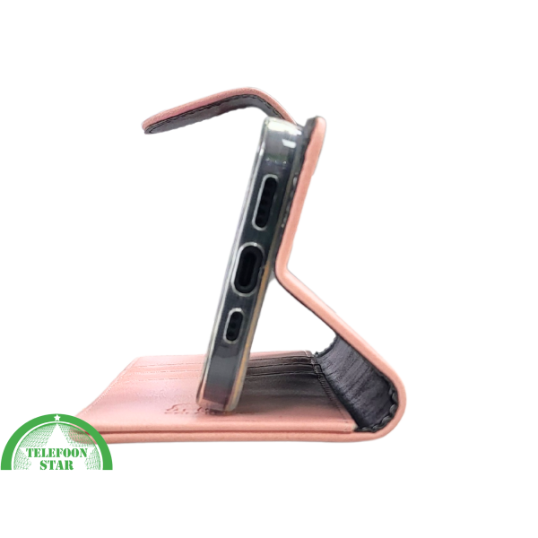 iPhone 15 Plus Hoesje Roze &ndash; Bookcase met Pasjeshouder en Leren Look – foto 4