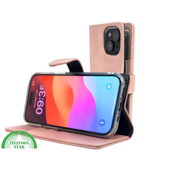 iPhone 15 Plus Hoesje Roze &ndash; Bookcase met Pasjeshouder en Leren Look – foto 6