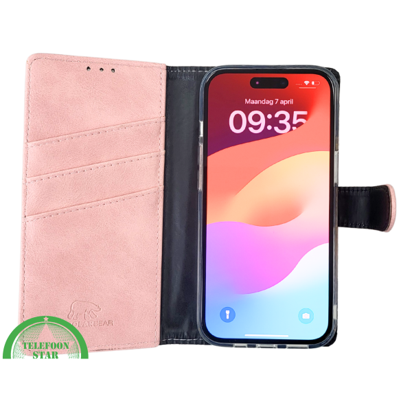 iPhone 15 Plus Hoesje Roze &ndash; Bookcase met Pasjeshouder en Leren Look – foto 7