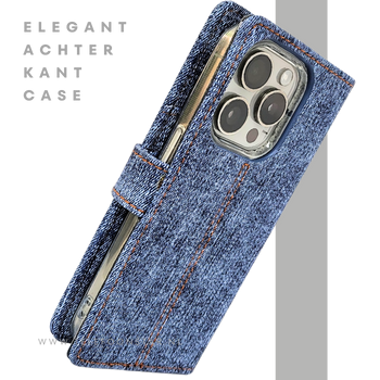iPhone 15 Pro Max Jeans Look Hoesje &ndash; Stoere Bookcase met Pasjeshouder | Telefoonstar