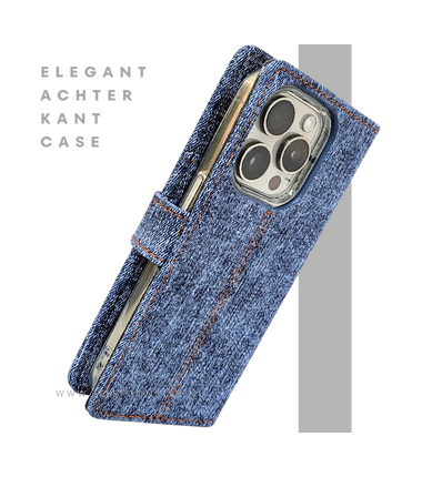 iPhone 15 Pro Jeans Look Hoesje &ndash; Stoere Bookcase met Pasjeshouder | Telefoonstar