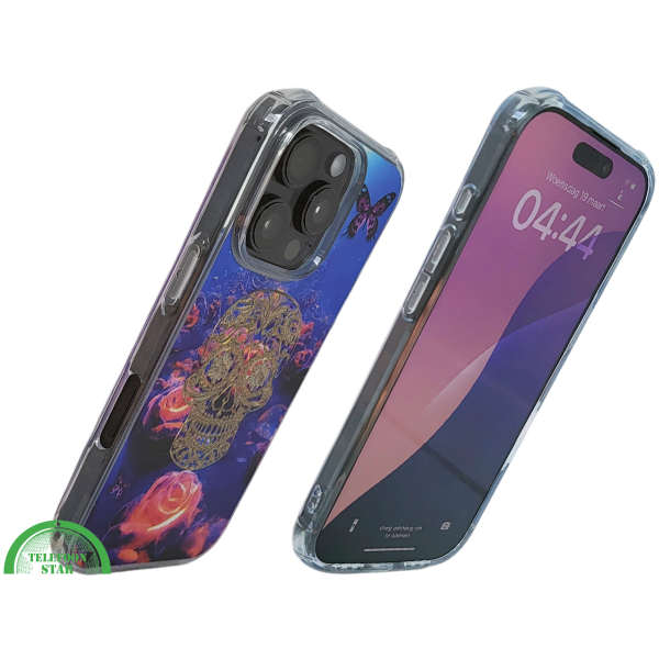 iPhone 16 Pro Hoesje Gouden Skull Design Transparant Telefoonhoesje met Paarse Bloemenprint – foto 2