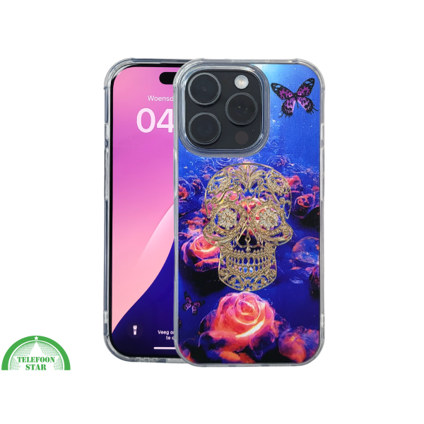 iPhone 16 Pro Hoesje Gouden Skull Design Transparant Telefoonhoesje met Paarse Bloemenprint – foto 3