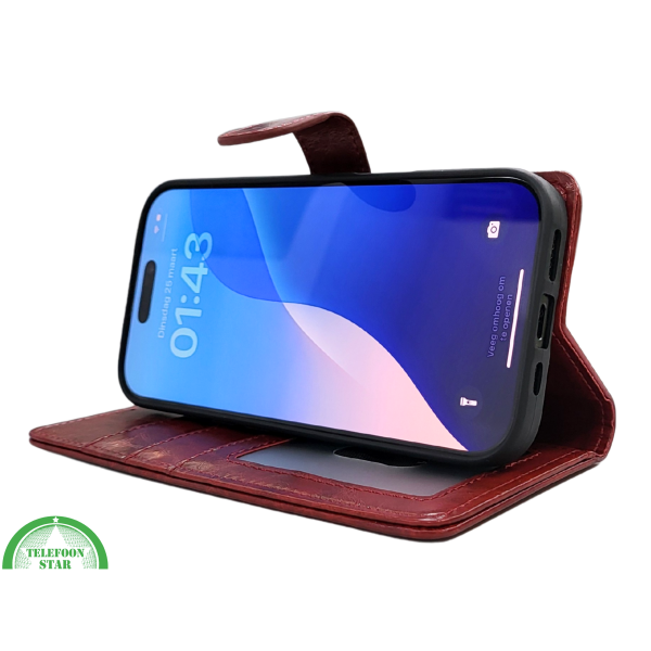 iPhone 16 Pro Max Bookcase Hoesje Rood &ndash; Vintage Leren Look met Magnetische Sluiting – foto 5