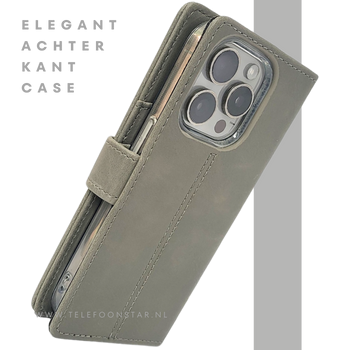 iPhone 15 Pro Max Hoesje Grijs &ndash; Elegant Bookcase met Pasjeshouder | Telefoonstar