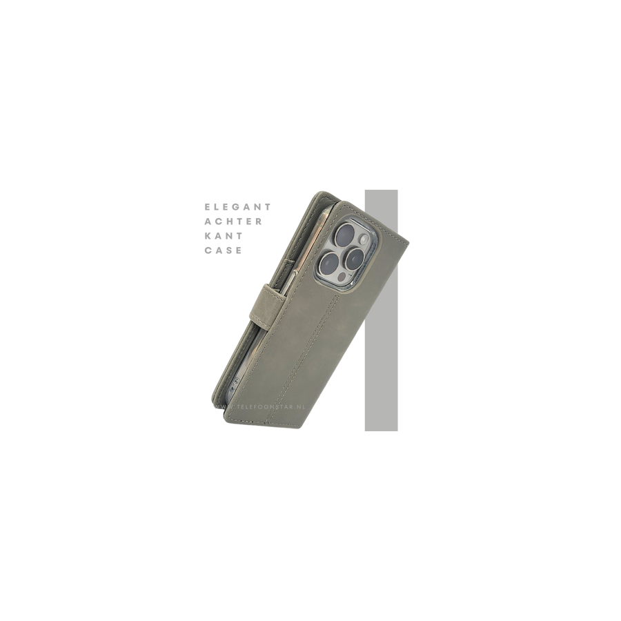 iPhone 15 Pro Max Hoesje Grijs &ndash; Elegant Bookcase met Pasjeshouder | Telefoonstar