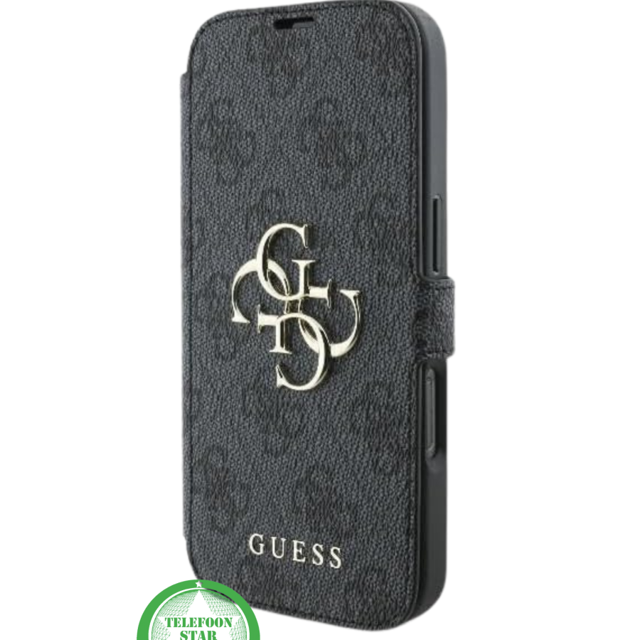 Hoesje voor iPhone 15 Bookcase &ndash; Luxe Zwart Lederen Look met Goudkleurig Logo