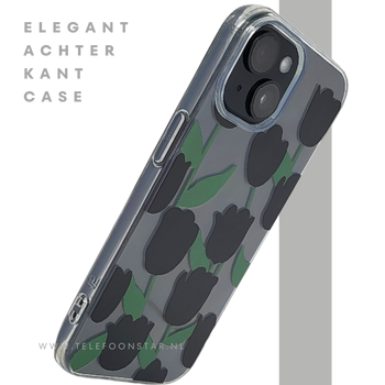 iPhone 15 Hoesje &ndash; Transparant met Zwarte Tulpenprint | Stijlvol, Nederlands & Beschermend