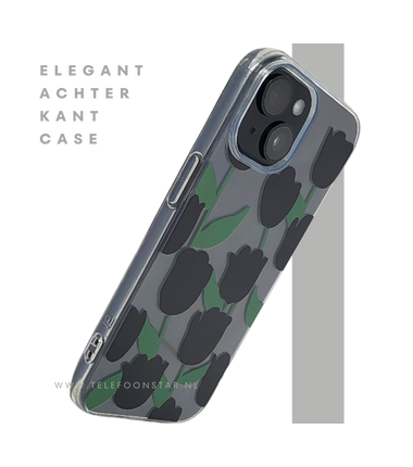 iPhone 15 Hoesje &ndash; Transparant met Zwarte Tulpenprint | Stijlvol, Nederlands & Beschermend