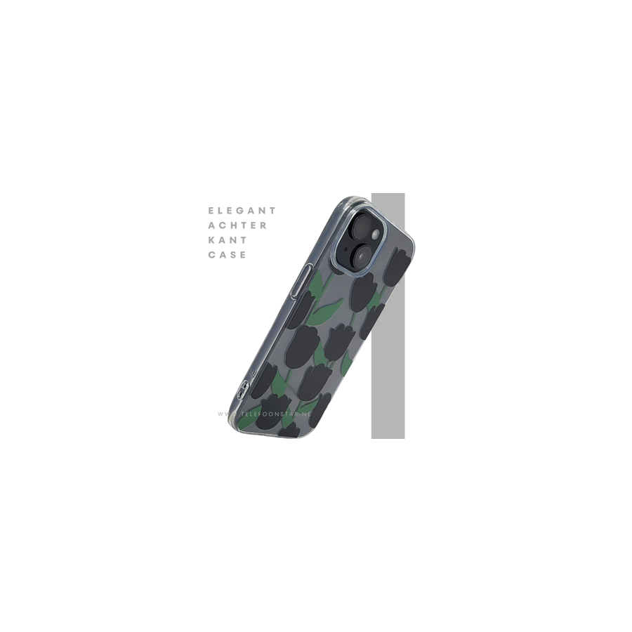 iPhone 15 Hoesje &ndash; Transparant met Zwarte Tulpenprint | Stijlvol, Nederlands &amp; Beschermend