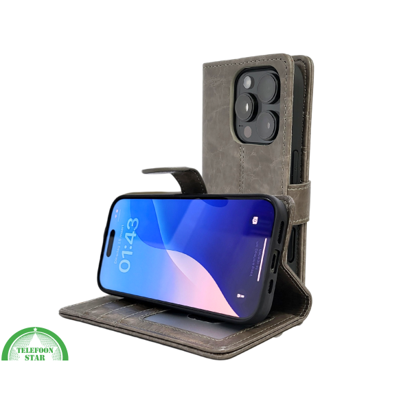 iPhone 16 Pro Max Bookcase Hoesje Taupe &ndash; Vintage Leren Look met Magnetische Sluiting – foto 6