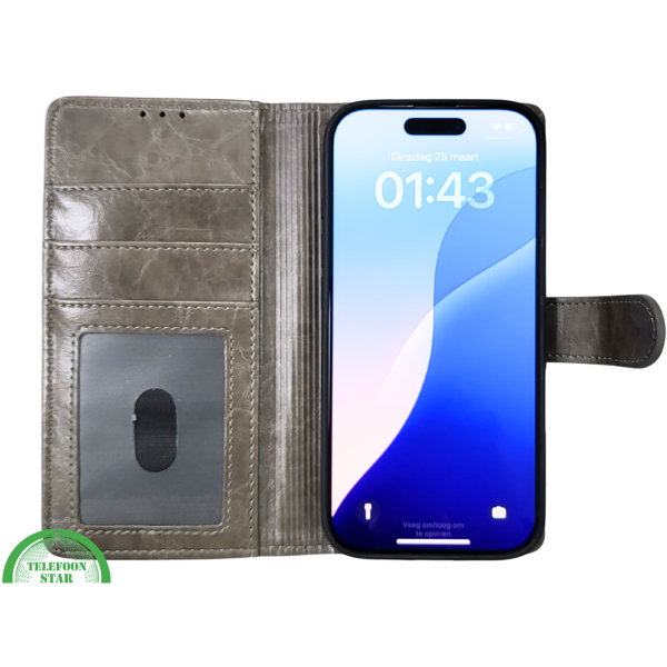 iPhone 16 Pro Max Bookcase Hoesje Taupe &ndash; Vintage Leren Look met Magnetische Sluiting – foto 7
