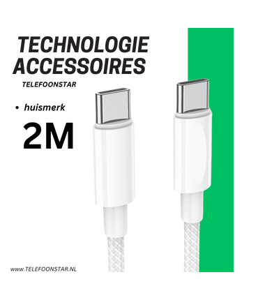 USB-C naar USB-C Oplaadkabel 2 Meter &ndash; Witte Gevlochten Snelladerkabel