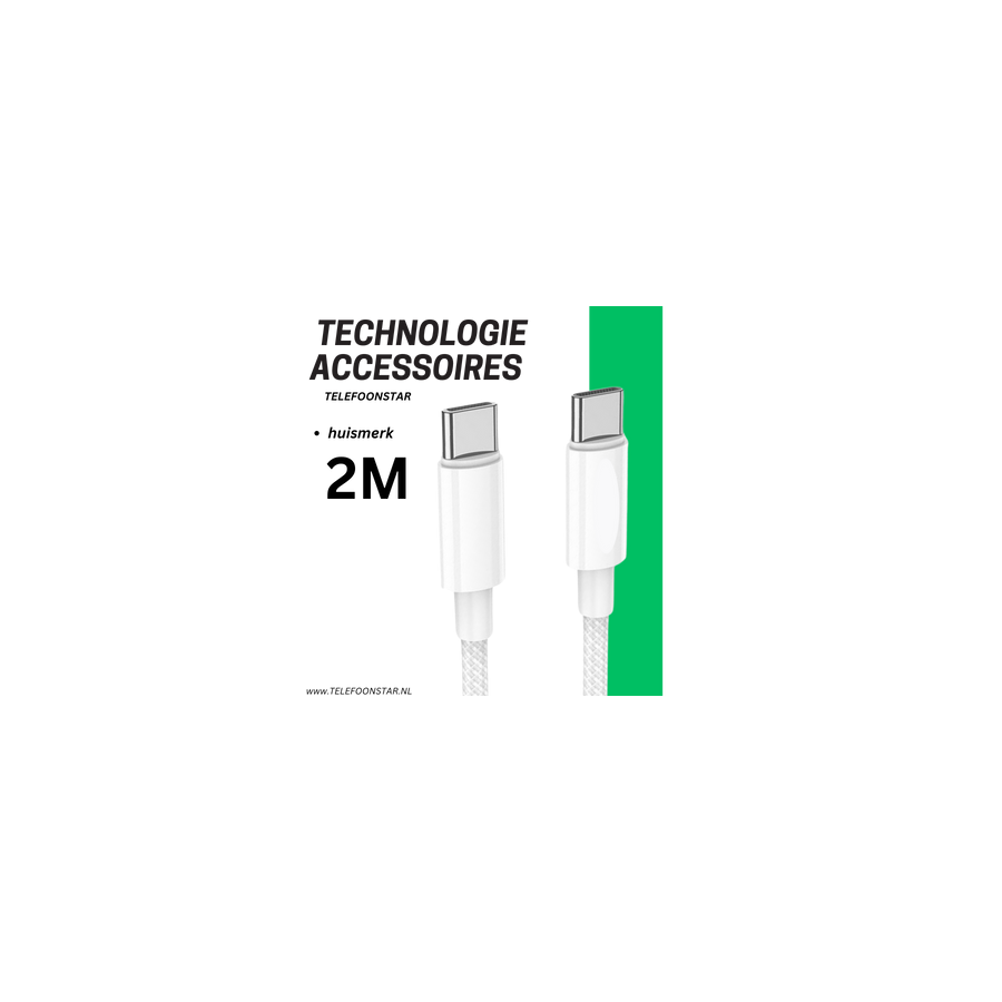 USB-C naar USB-C Oplaadkabel 2 Meter &ndash; Witte Gevlochten Snelladerkabel