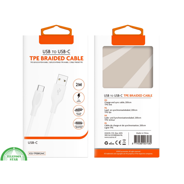 USB naar USB-C Kabel &ndash; 2 Meter &ndash; 2.4A Output &ndash; Snelladen &amp; Data &ndash; Wit – foto 3