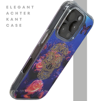 iPhone 16 Pro Hoesje Gouden Skull Design Transparant Telefoonhoesje met Paarse Bloemenprint