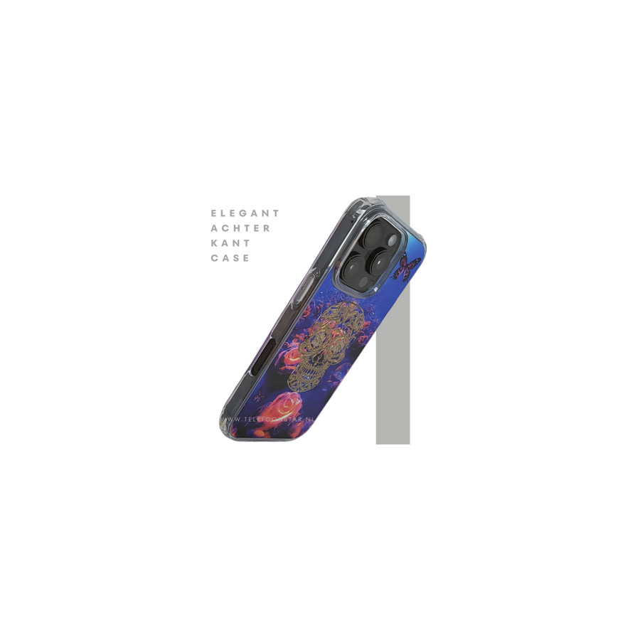 iPhone 16 Pro Hoesje Gouden Skull Design Transparant Telefoonhoesje met Paarse Bloemenprint