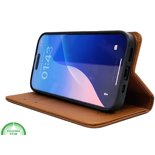 iPhone 16 Pro Bookcase Hoesje Cognac &ndash; Leren Look met Magnetische Sluiting – foto 5