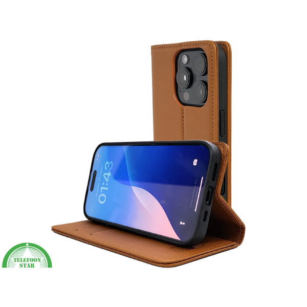 iPhone 16 Pro Bookcase Hoesje Cognac &ndash; Leren Look met Magnetische Sluiting – foto 6