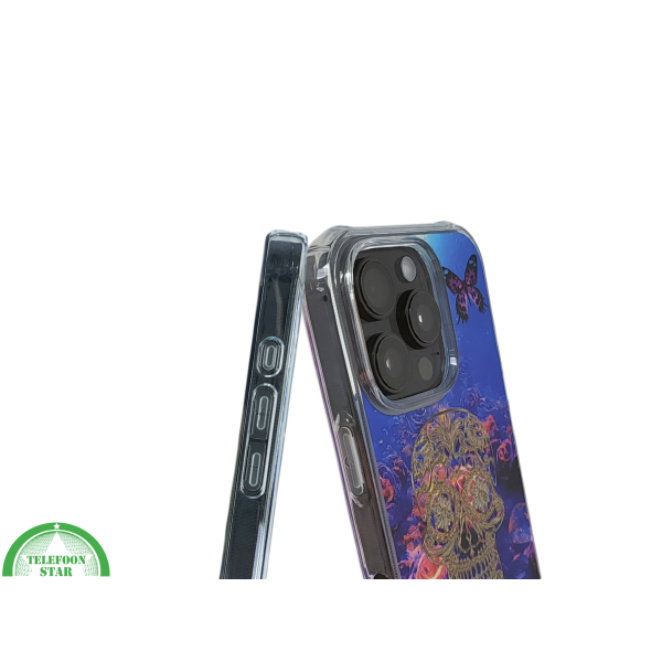 iPhone 16 Pro Hoesje Gouden Skull Design Transparant Telefoonhoesje met Paarse Bloemenprint – foto 6
