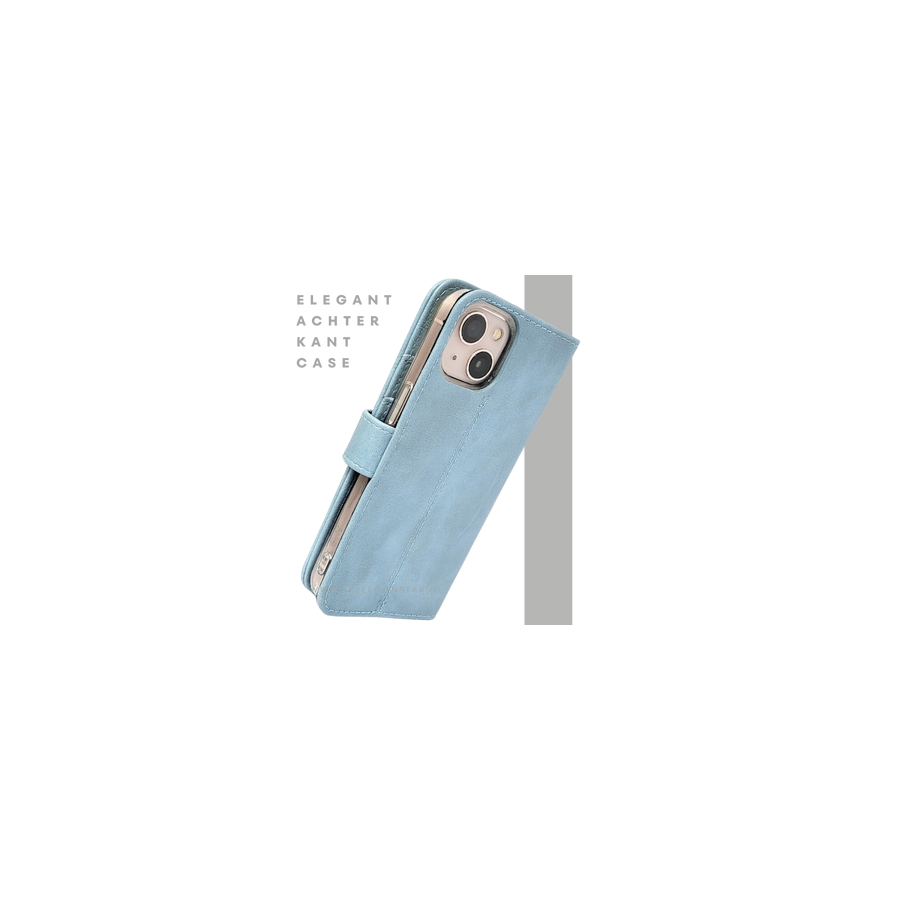 Lichtblauw Bookcase Hoesje iPhone 13 en 14 Met Sluitbandje en Pasjeshouder prijs goedkoop &euro;14,95