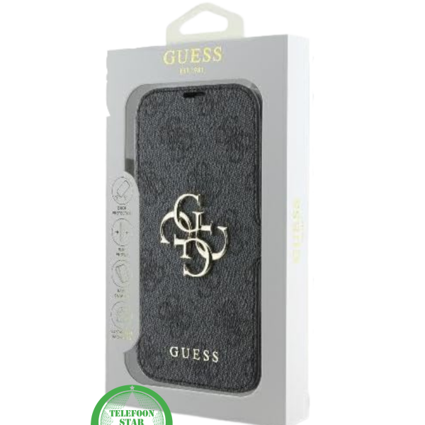 Hoesje voor iPhone 15 Bookcase &ndash; Luxe Zwart Lederen Look met Goudkleurig Logo – foto 5