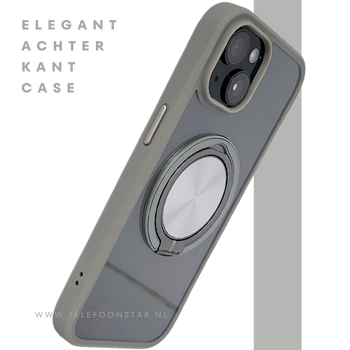 iPhone 15 Hoesje &ndash; Transparant Met Taupe Rand & Zilveren Ringhouder | Elegant & Functioneel