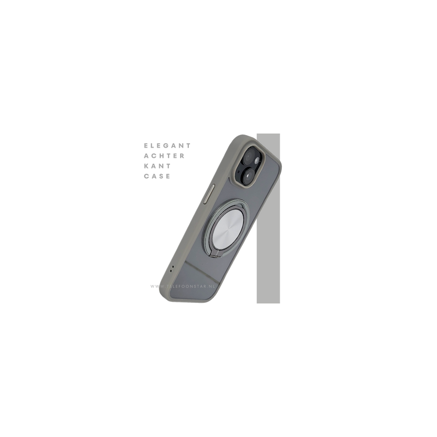 iPhone 15 Hoesje &ndash; Transparant Met Taupe Rand &amp; Zilveren Ringhouder | Elegant &amp; Functioneel