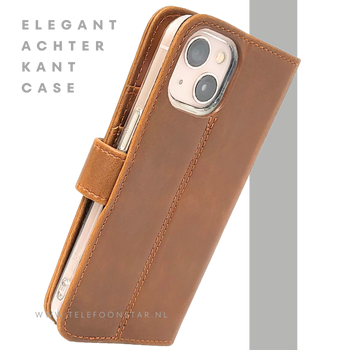 Bruin Bookcase Hoesje iPhone 13 / 14 &ndash; Vintage Leren Look met Bandje | &euro;14,95