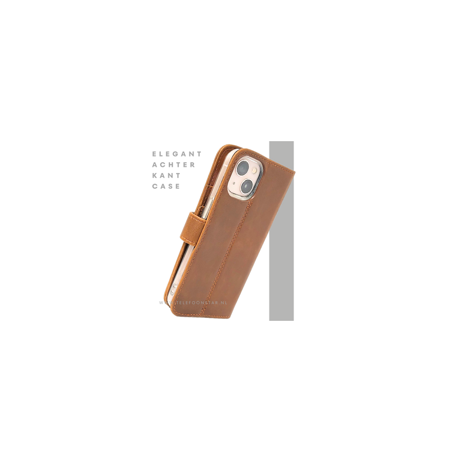 Bruin Bookcase Hoesje iPhone 13 / 14 &ndash; Vintage Leren Look met Bandje | &euro;14,95