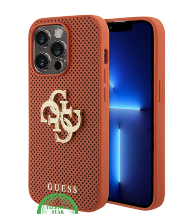 iPhone 15 Pro Siliconen Hoesje &ndash; Oranje Design met Gouden Logo en Gripbescherming