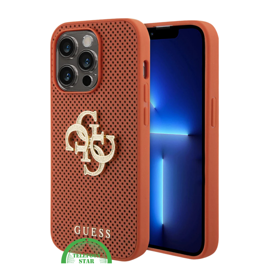 iPhone 15 Pro Siliconen Hoesje &ndash; Oranje Design met Gouden Logo en Gripbescherming