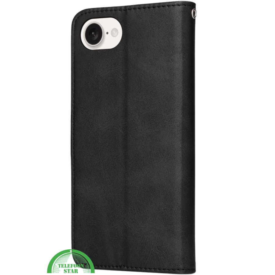Hoesje voor iPhone 16E Zwart Leren Bookcase Slank en comfortabel ontwerp