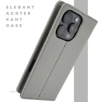 Bookcase Hoesje iPhone 16 Pro Grijs &ndash; Stijlvolle Bescherming met Pasjeshouder