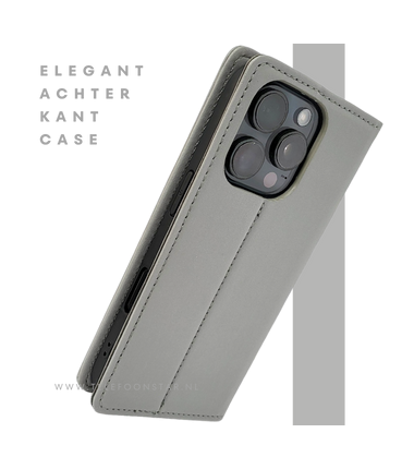 Bookcase Hoesje iPhone 16 Pro Max Grijs &ndash; Stijlvolle Bescherming met Pasjeshouder