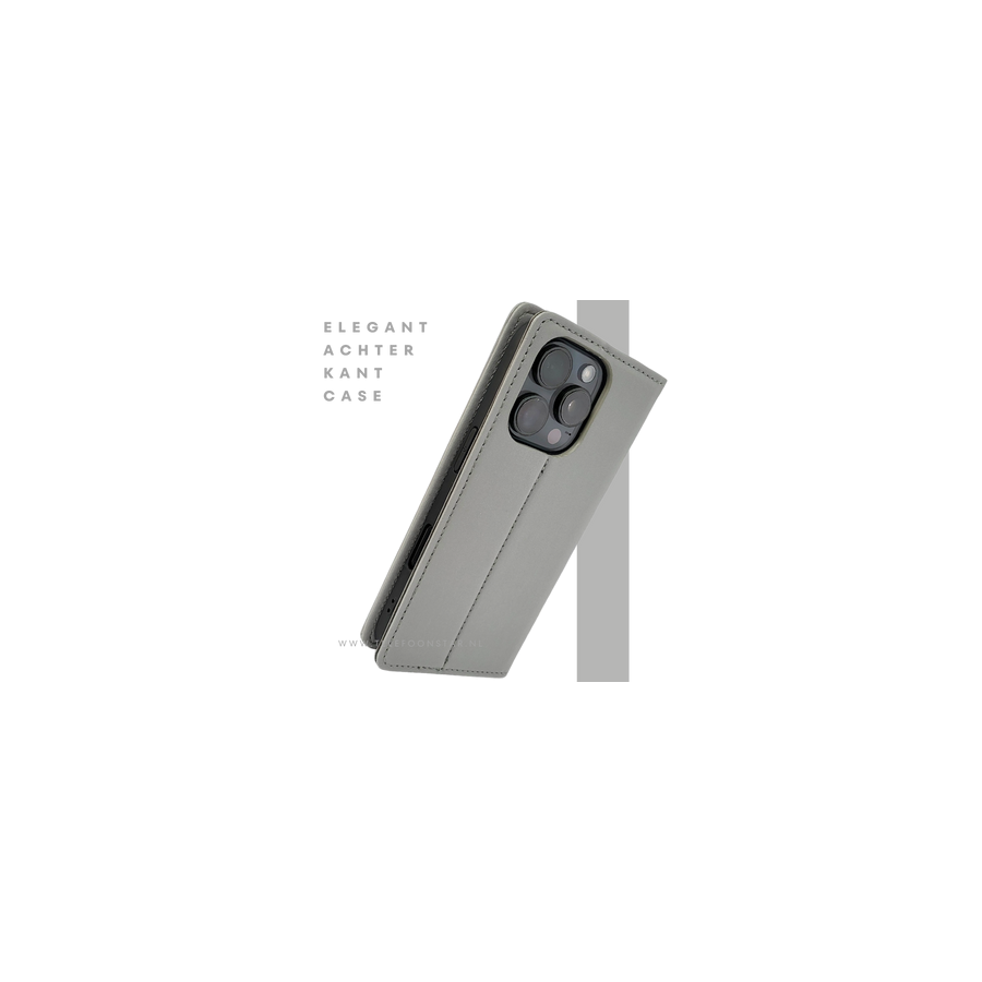 Bookcase Hoesje iPhone 16 Pro Max Grijs &ndash; Stijlvolle Bescherming met Pasjeshouder