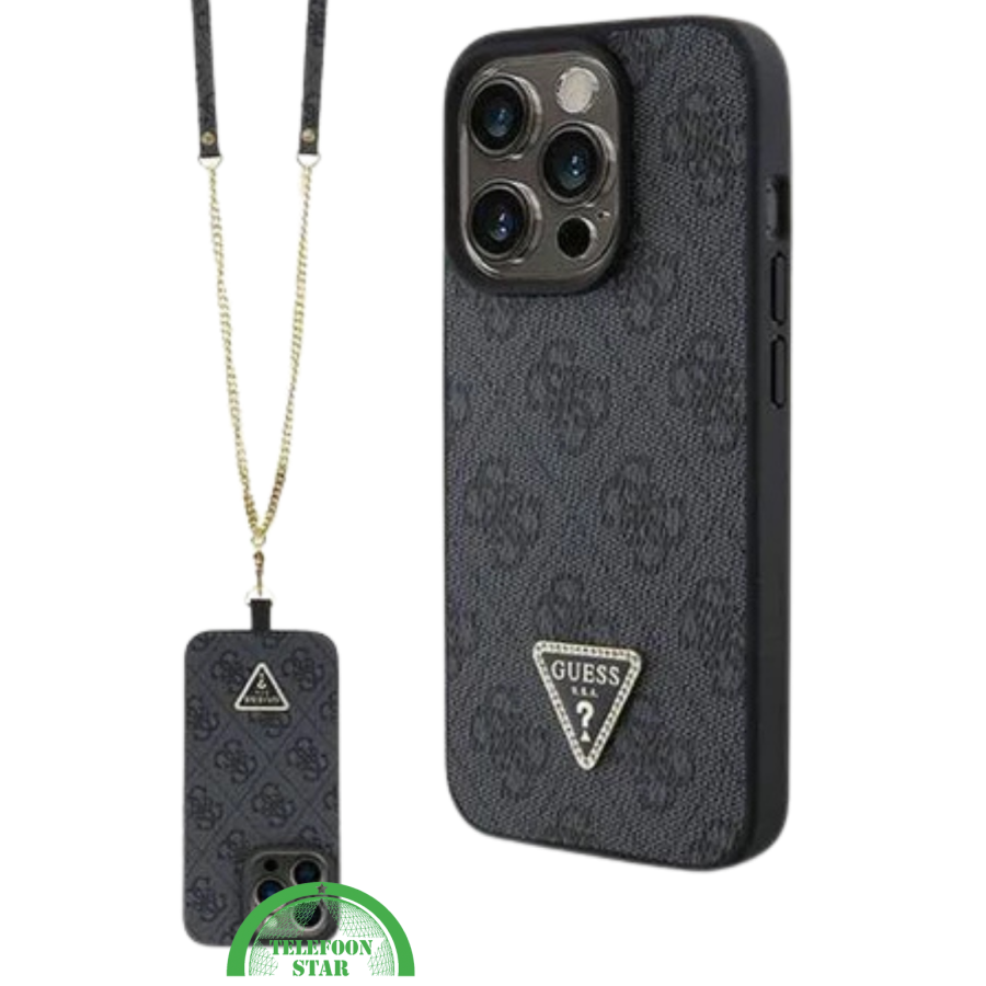 iPhone 15 Pro Hoesje met Gouden Ketting &ndash; Zwart Design met Logo en Bescherming
