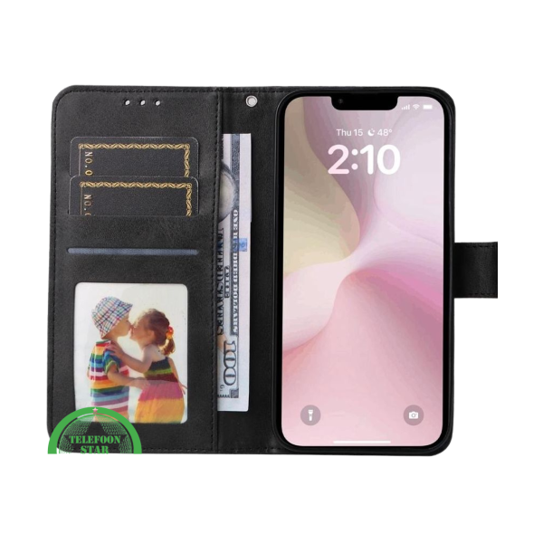 Hoesje voor iPhone 16E Zwart Leren Bookcase Slank en comfortabel ontwerp – foto 3
