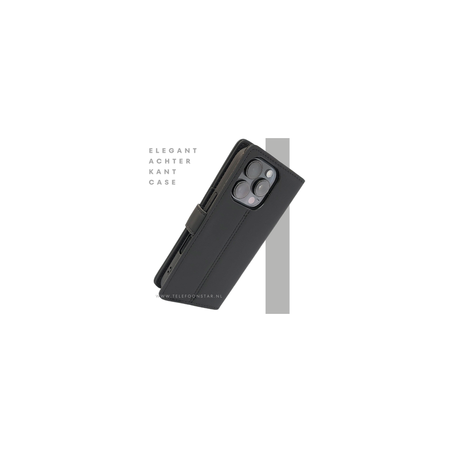 iPhone 16 Pro Max Bookcase Hoesje Zwart &ndash; Leren Look met Magnetische Sluiting