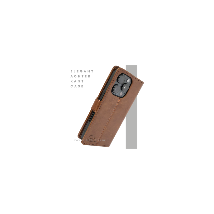 iPhone 16 Pro Max Bookcase Hoesje Bruin &ndash; Vintage Look met Luxe Bescherming