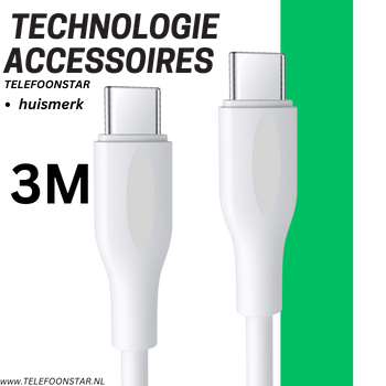 USB-C naar USB-C Kabel &ndash; 3 Meter &ndash; 65W wit Snel Opladen & Data Sync