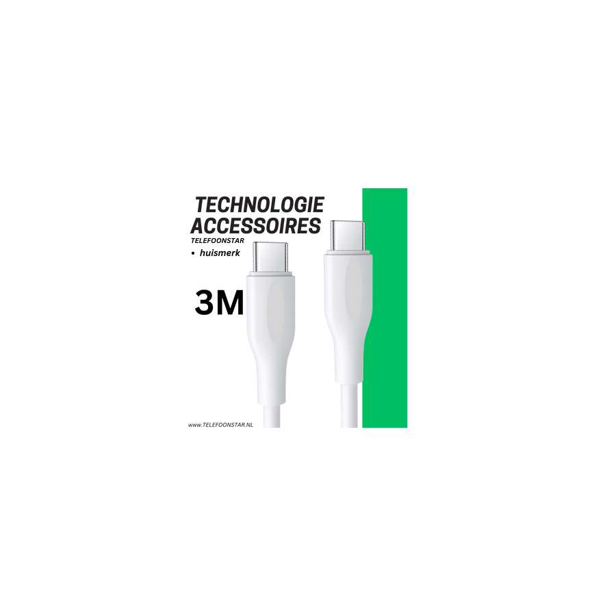 USB-C naar USB-C Kabel &ndash; 3 Meter &ndash; 65W wit Snel Opladen &amp; Data Sync