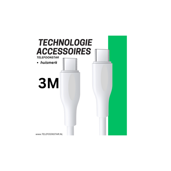 USB-C naar USB-C Kabel &ndash; 3 Meter &ndash; 65W wit Snel Opladen &amp; Data Sync – foto 4