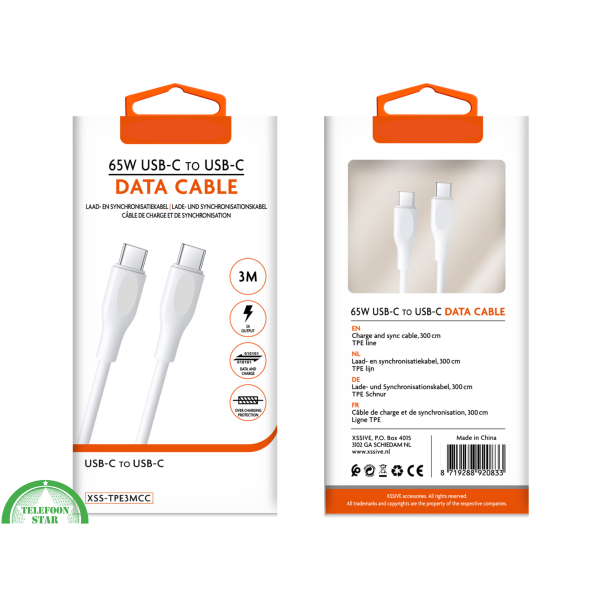 USB-C naar USB-C Kabel &ndash; 3 Meter &ndash; 65W wit Snel Opladen &amp; Data Sync – foto 3