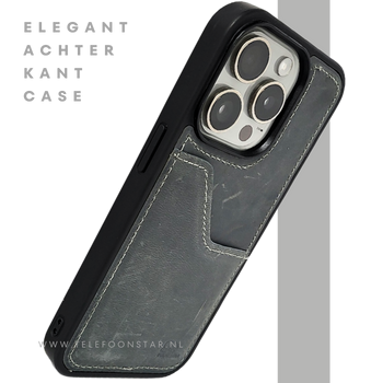 iPhone 15 Pro Max Hoesje met Kaarthouder &ndash; Vintage Lederlook Grijs | Telefoonstar.nl