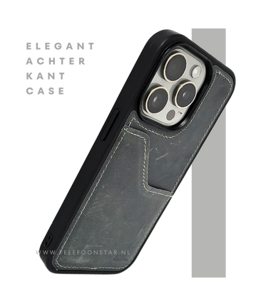 iPhone 15 Pro Hoesje met Kaarthouder &ndash; Vintage Lederlook Grijs | Telefoonstar.nl