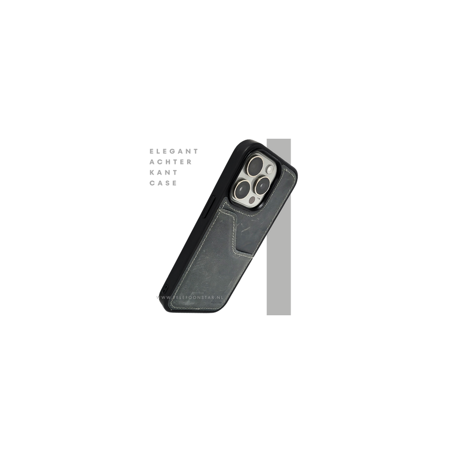 iPhone 15 Pro Max Hoesje met Kaarthouder &ndash; Vintage Lederlook Grijs | Telefoonstar.nl