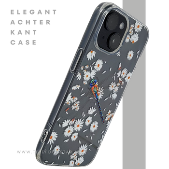 iPhone 15 Hoesje &ndash; Transparant Met Margrietjes en Papegaai | Fris, Kleurrijk & Beschermend
